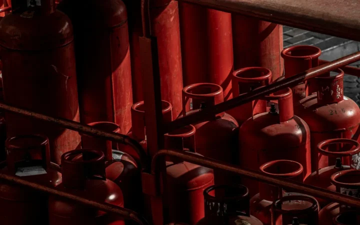 Rows of red propane cylinders