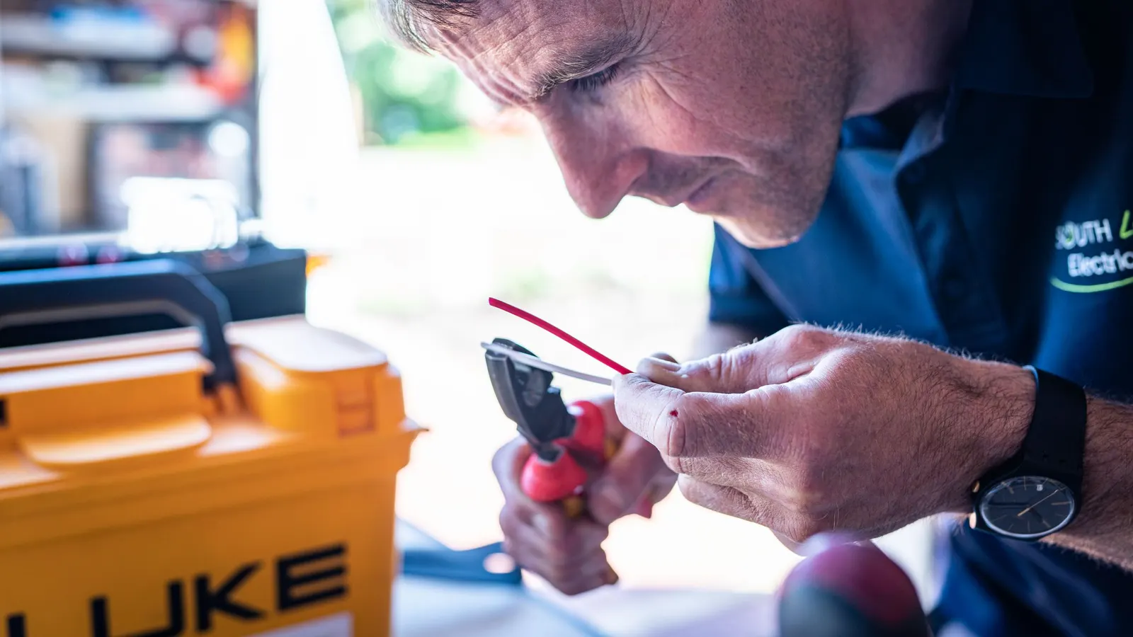 Electrician cutting and stripping wires with pliers
