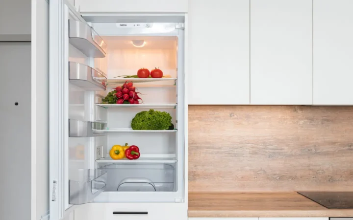 Open refrigerator with vegetables in a bright kitchen