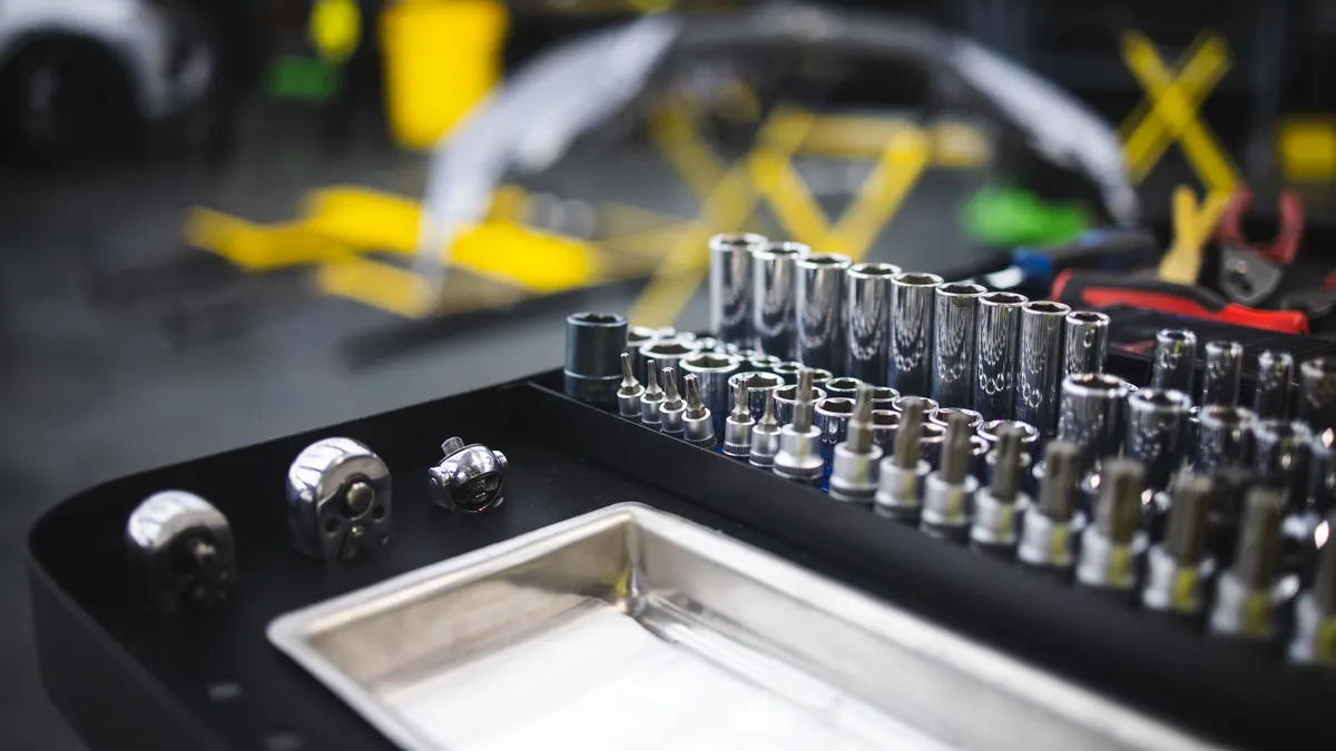 Socket wrench set laid out in a tool tray