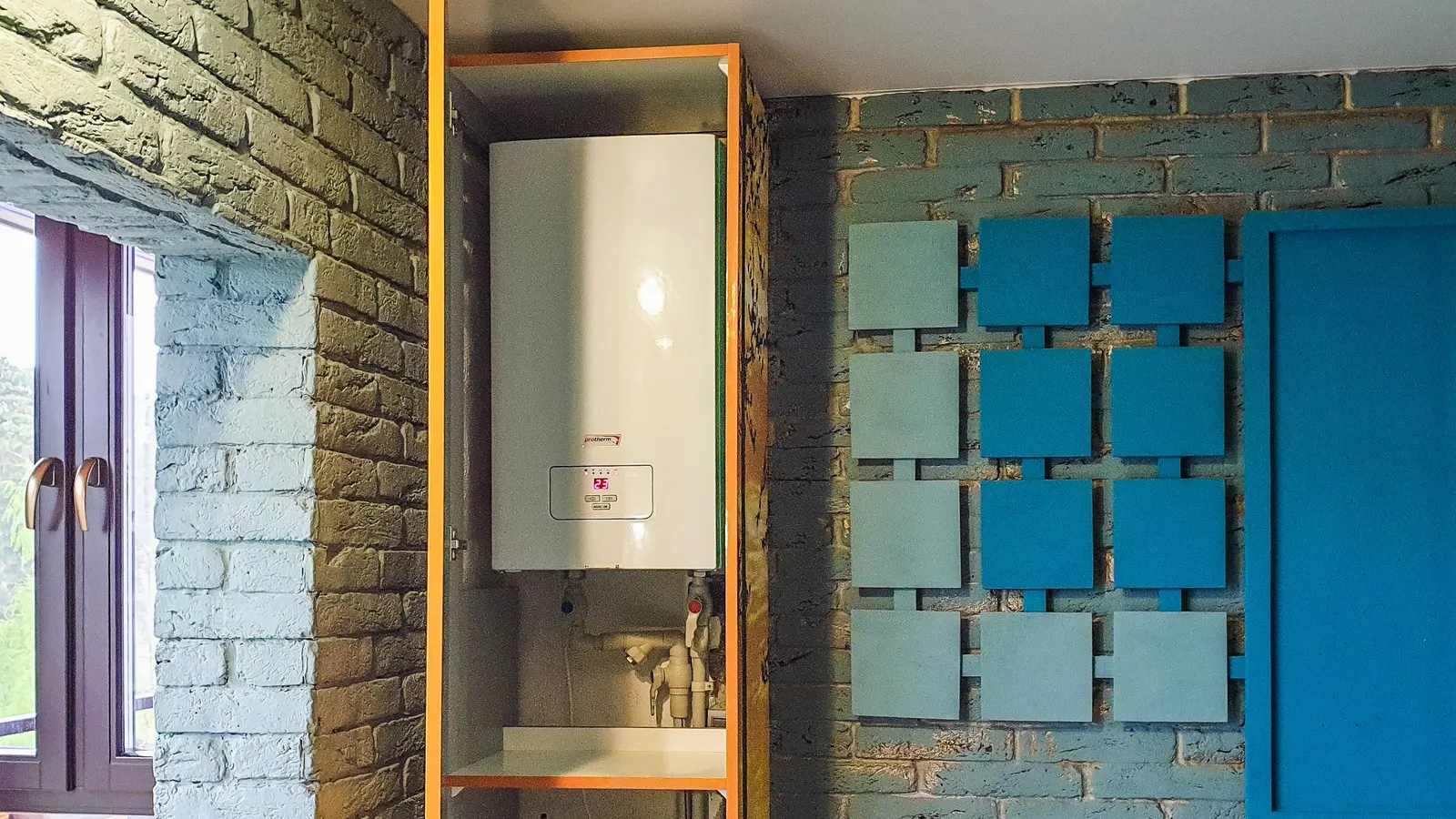 Water heater installed inside a cabinet in a modern home