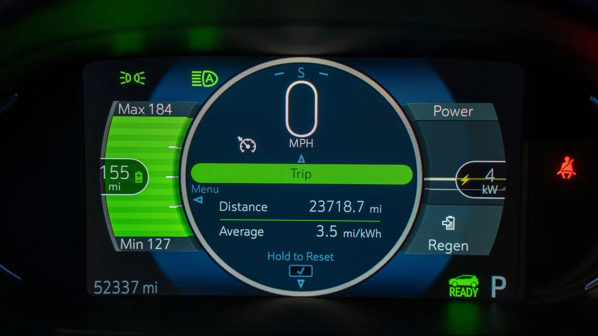 Electric vehicle dashboard showing range and efficiency