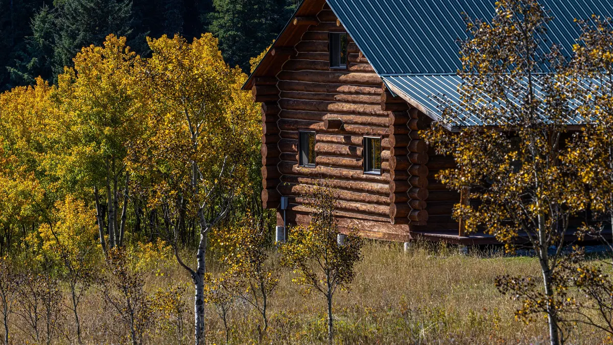 Log cabin with a blue metal roof among autumn trees
