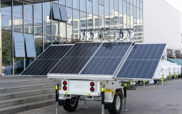 Trailer-mounted solar power unit with panels parked outdoors