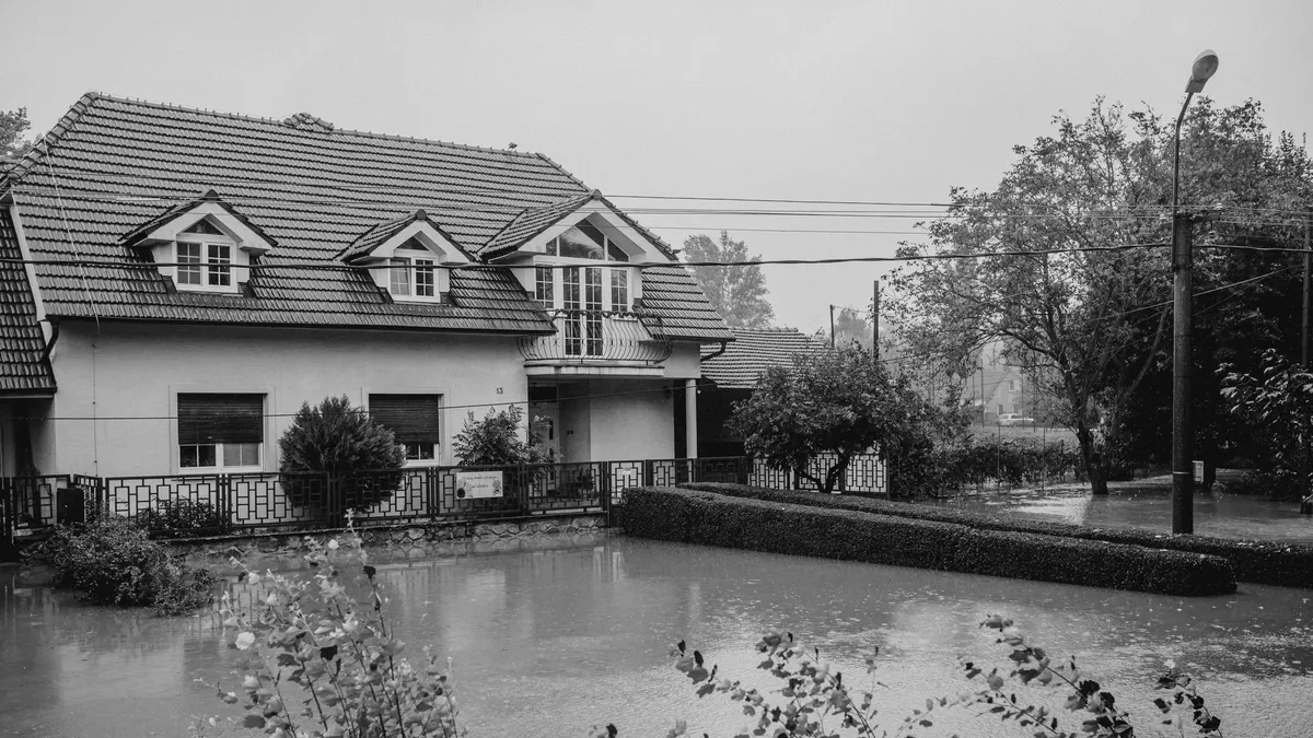 Black and white photo of houses with flooded yards