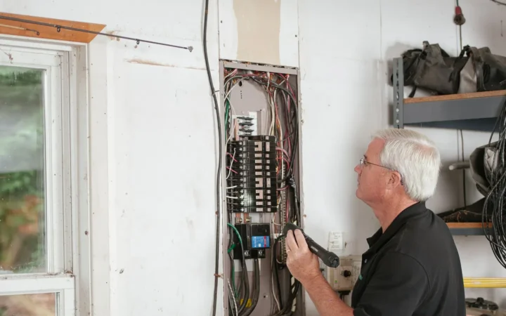 Electrician examining a residential breaker panel