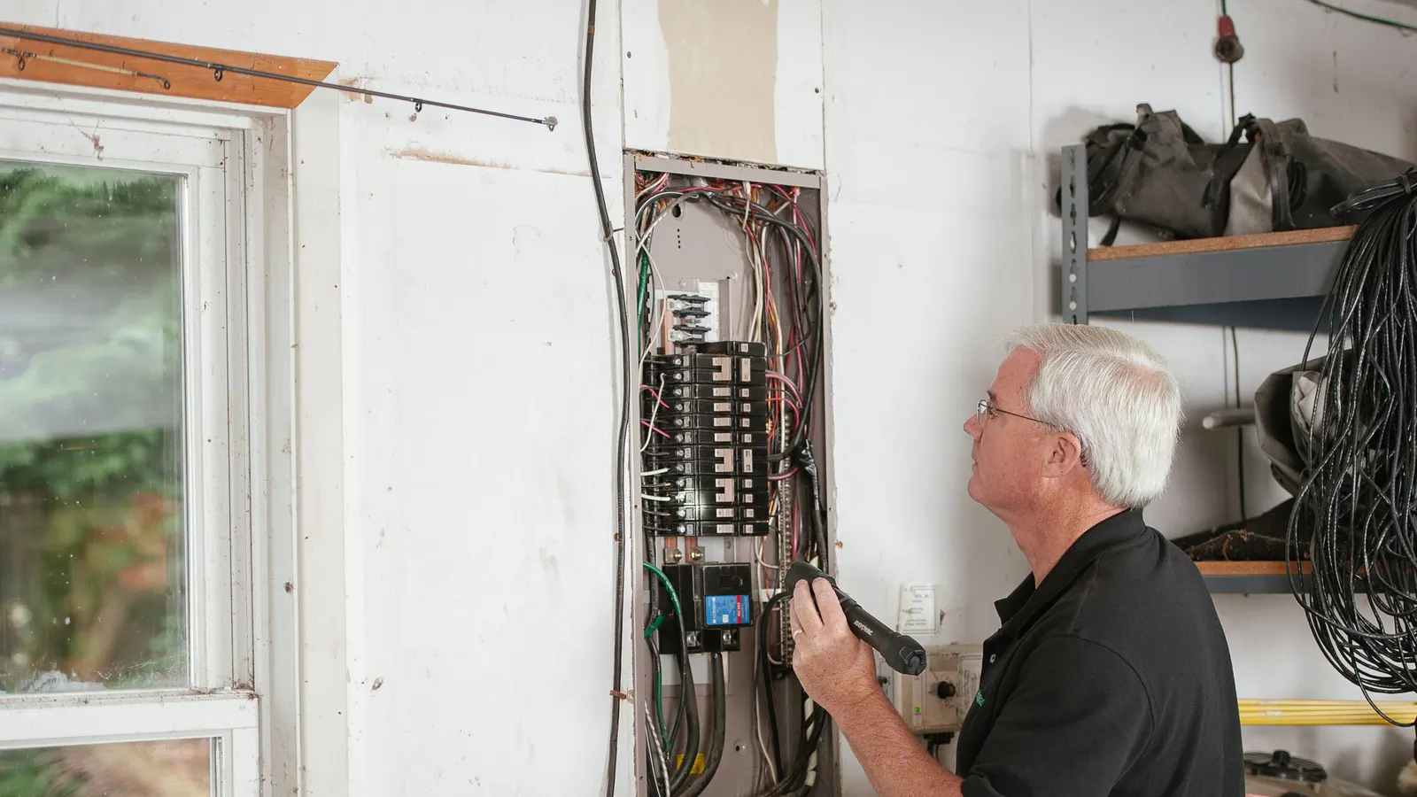 Electrician examining a residential breaker panel