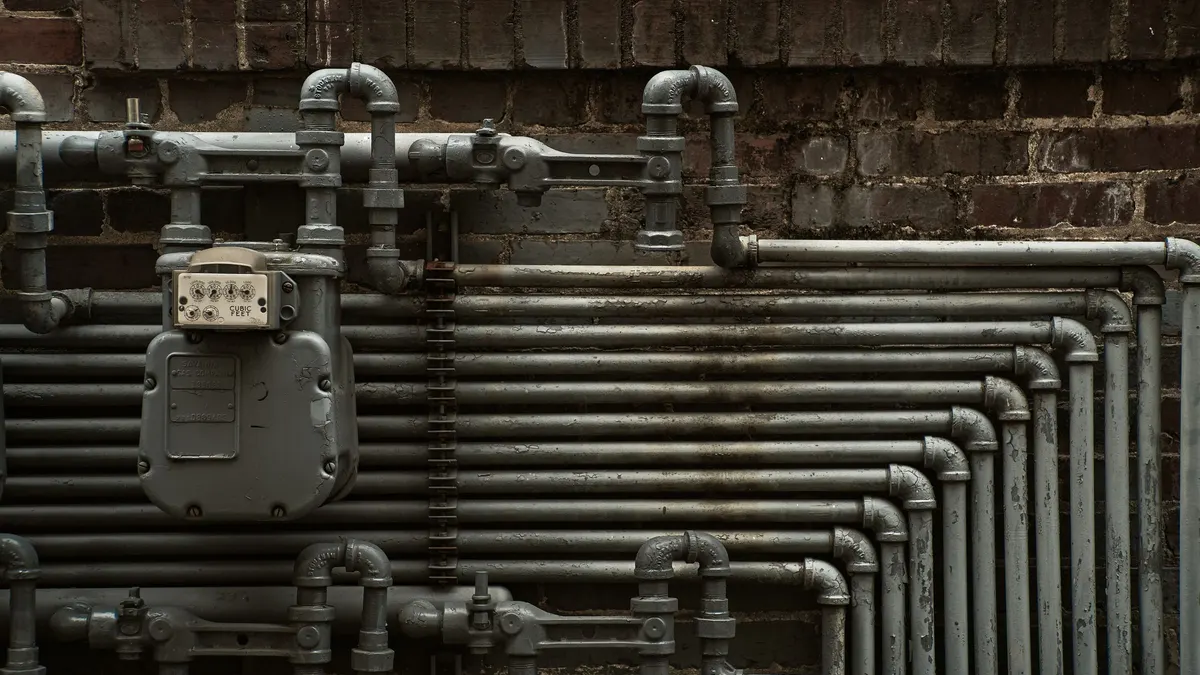 Gas meter and piping on an exterior brick wall