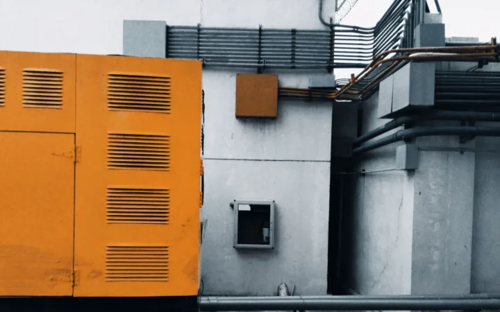 Large yellow generator enclosure installed outdoors beside a building